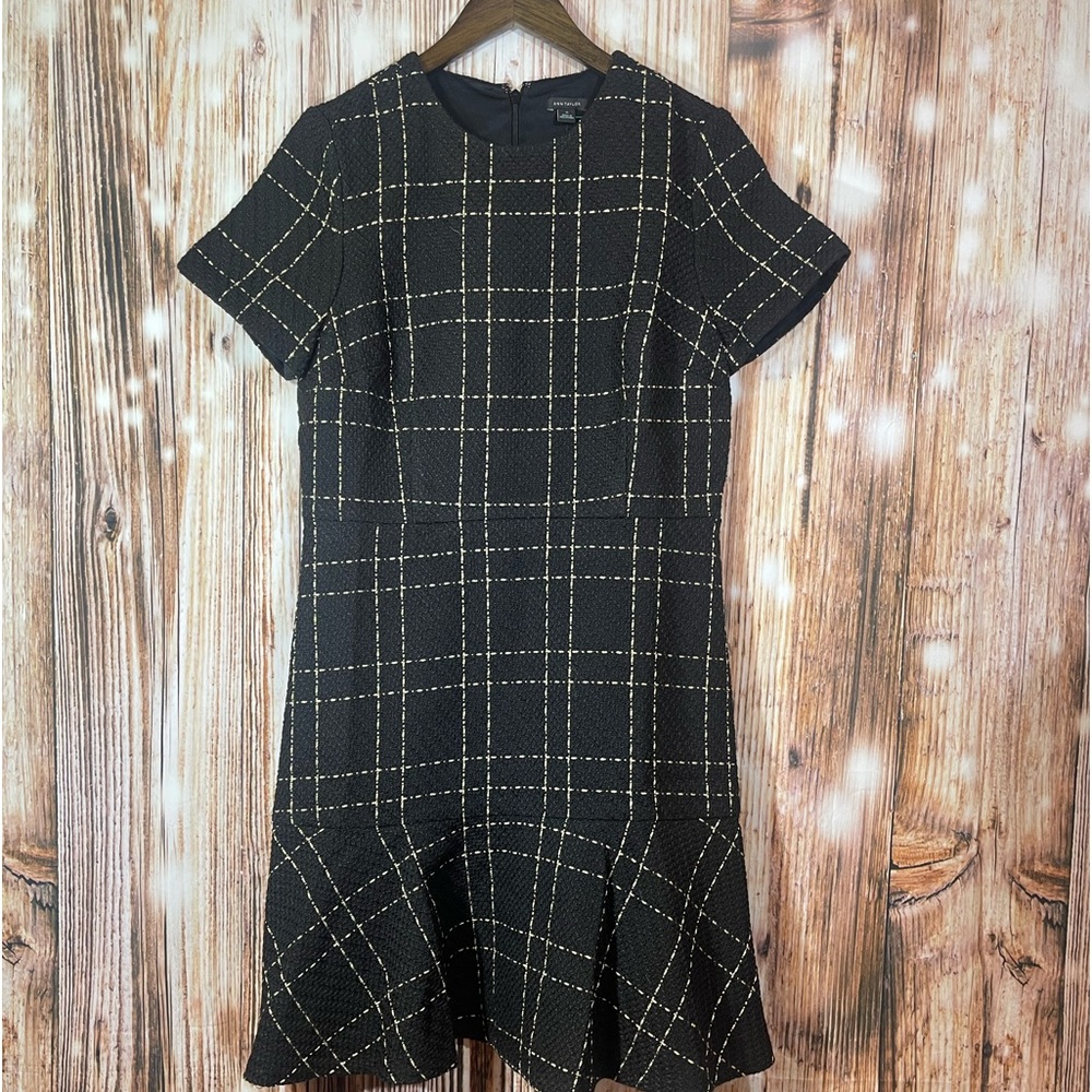 Ann Taylor Shimmer Tweed Flounce Flare Dress Sz 10 Black NWT Retro Work Office